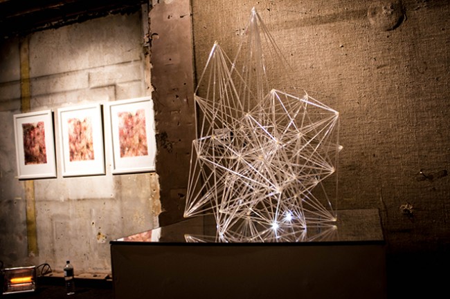Mona Choo, Web of Consciousness, 2013. Acrylic rods, glue, resin, fibre-optic strands, batteries, LED lights, wire, mirror panel, approx. 60 x 65 x 80cm.